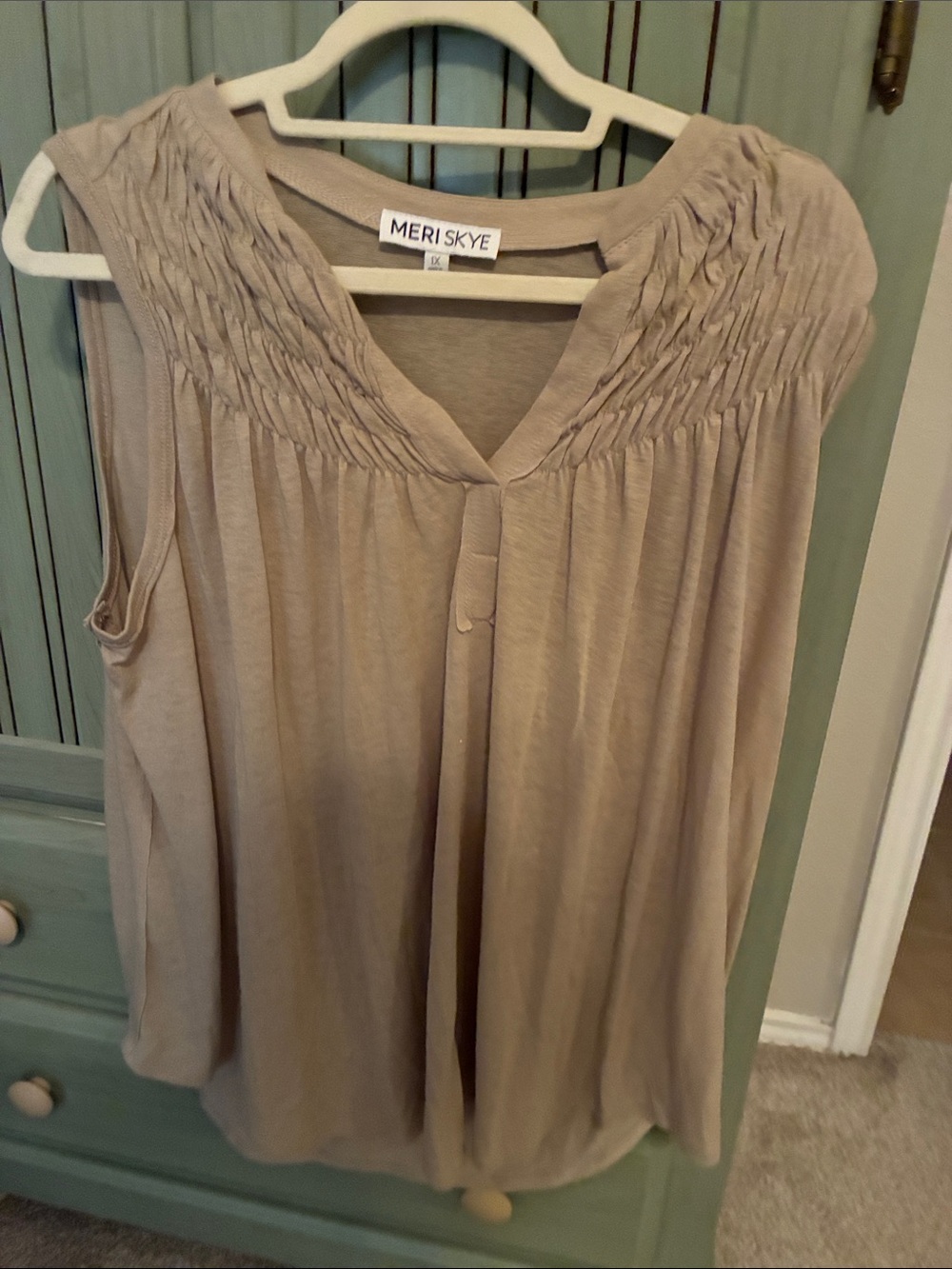 Meri Skye Sleeveless V-Neck Pleated Blouse — Taupe